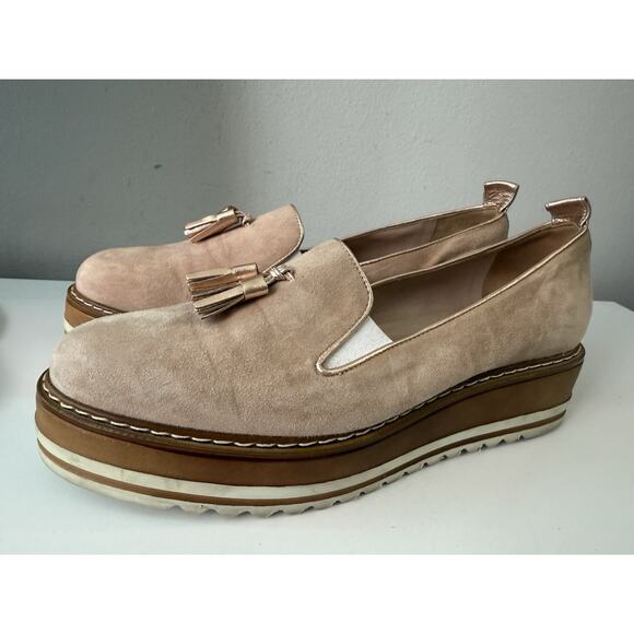 Michele Lopriore Cassidy Suede Loafers Shoes Womens 38.5 Gold Pewter Leather - Picture 4 of 13